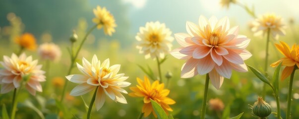 Creamy dahlias, meadow grasses, flowing ribbons , meadow grasses, image, photography