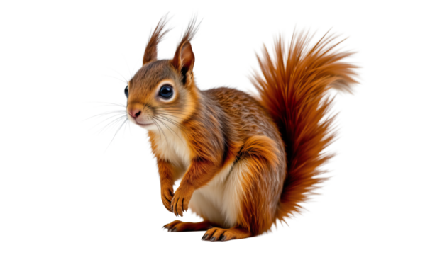 Cute Red Squirrel Sitting on Ground with Fluffy Tail in a Natural Setting, Forest Background, Wildlife Photography