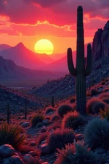 Selbstklebende Fototapeten Crimson sun dips below rugged peaks, casting long shadows on desert landscape with giant cacti , vibrant, silhouette, shadow © ทุติยาภรณ์ หงษา