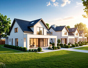 Modern Housing Development with New Residential Homes &ndash; Aerial and Street View of Suburban Neighborhood, Urban Planning, and Real Estate Growth Concept

