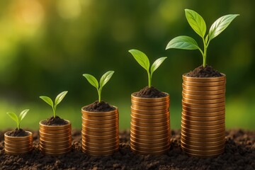 Financial Growth Concept with Seedlings Growing on Stacks of Coins in a Lush Green Garden