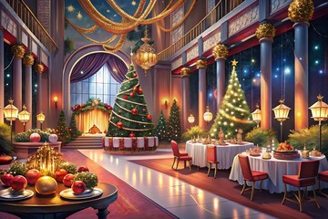Elegant Christmas Gala Festive Holiday Decor and Ballroom Scene