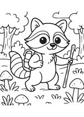 Coloring book raccoon explorer, with a backpack and walking stick, embarks on an exciting forest adventure among mushrooms.