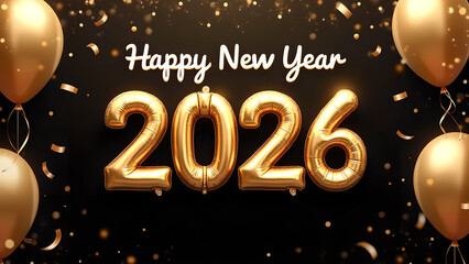 Happy New Year 2026 celebration with golden balloons and confetti on black backdrop