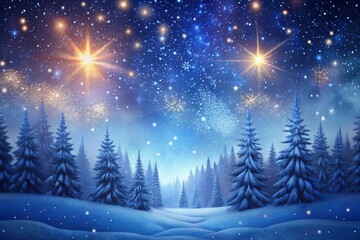 Magical Christmas Night Snowy Forest with Sparkling Stars and Fireworks