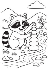 Coloring book raccoon carefully stacks stones by a flowing river in a serene natural landscape