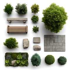 Top view landscape design elements isolated on white background