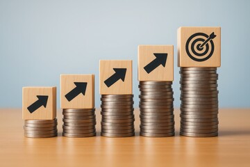 Wooden Blocks with Arrows and Target on Coin Stacks Representing Goal Achievement