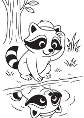 Coloring book raccoon in a cap gazes at its reflection in a forest pond.