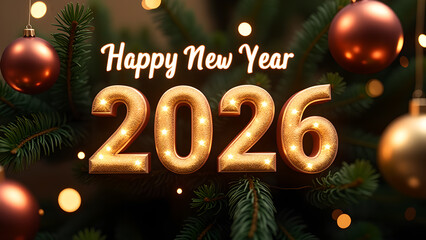 Festive Happy New Year 2026 Celebration with Ornaments and Holiday Decor