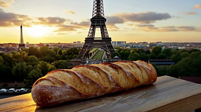 Freshly baked baguette on a table with the Eiffel Tower at sunset in Paris, Freshly baked baguette on table with Eiffel Tower in background at sunset