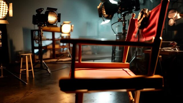 Illuminated director's chair with vintage camera on seat stands in vintage film studio production set with light equipment around