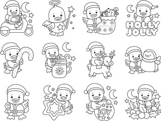 Lineart of Cute Duck icon. Outline of Funny baby Duck animal series stock illustration. life of fluffy Duck designs.