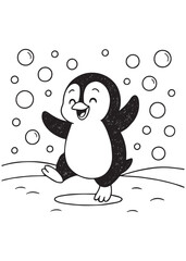 Coloring book penguin smiling and jumping amongst many floating bubbles 