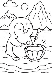 Coloring book penguin playing a drum or musical instrument with mallets in an arctic landscape