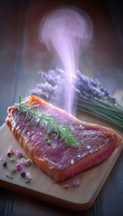 Cooked steak with lavender and herbs
