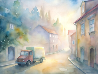 townscape at dawn with bakery truck and aromas
