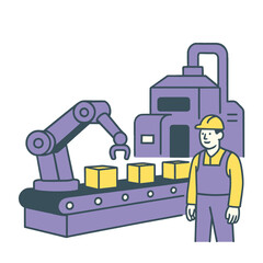 Automated factory worker with robotic arm and conveyor belt, showcasing modern manufacturing