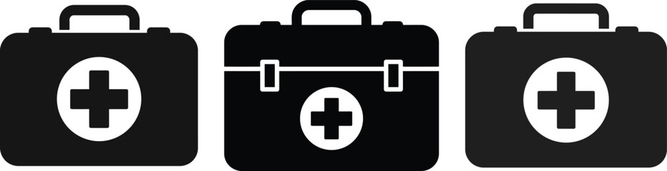 Obraz premium Black and white first aid kit icons representing healthcare and emergency medical assistance available for usage in health and safety