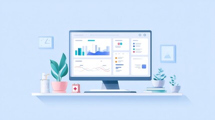 Illustration of a modern workspace with data analysis dashboard on a monitor