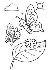 Naklejka premium Coloring book Two happy butterflies, one large and one small, flying near a ladybug on a leaf under the sun. 
