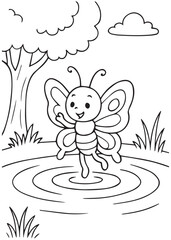 Coloring book butterfly smiling and splashing in a puddle of water, surrounded by trees and plants. 