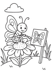 Coloring book butterfly sitting on a flower and painting a butterfly on an easel in a nature scene