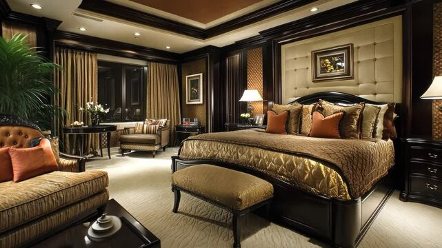 Luxury Suite Interior: A breathtaking panorama of an exquisitely designed bedroom suite, showcasing opulence and comfort through rich textures and elegant d&eacute;cor.