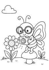 Coloring book  butterfly wearing glasses and standing on a mushroom, taking a picture of a flower.