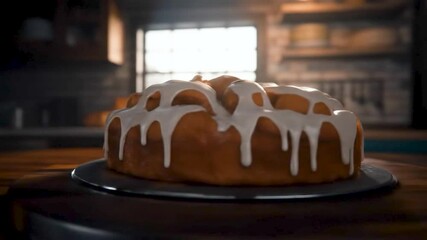 Golden Cinnamon Delight: A mouthwatering, freshly baked cinnamon roll sits on a rustic wooden table. with the glaze meticulously drizzled on top. - Powered by Adobe