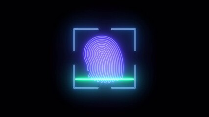 Neon fingerprint scanner animation on black background, neon glowing Fingerprint QR code scanner animated. - Powered by Adobe
