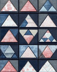 Geometric patchwork design in shades of pink and blue.