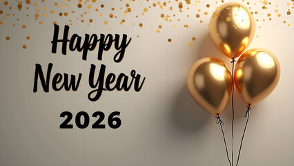 Obraz premium Elegant Happy New Year 2026 Celebration with Golden Balloons and Confetti Design