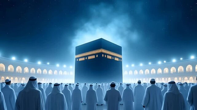 Night View of the Kaaba in Mecca, Surrounded by Pilgrims