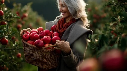 Smiling mature woman in an apple orchard holding a basket of freshly picked red apples with tree branches laden with fruit - Powered by Adobe