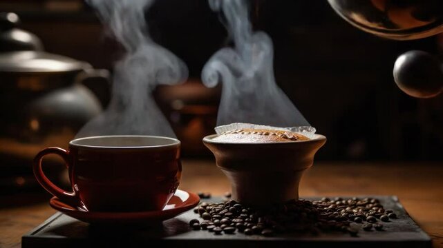 Aromatic Coffee Ritual: A captivating shot unveils the essence of a morning ritual, where steam gracefully dances from a duo of freshly brewed coffee.