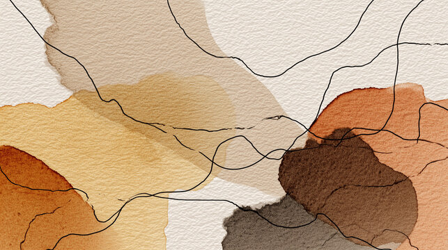 Abstract earth tone watercolor background with textured paper and organic lines
