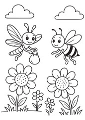 Coloring book dragonfly carrying a small bag meets a happy bee flying among blooming flowers.