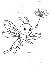 Obraz premium Coloring book dragonfly happily flies past a dandelion seed floating in the air.