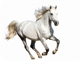 Fototapeta premium White Horse Galloping in Motion on Natural Background – Dynamic Action Animal Photo