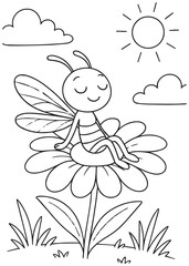 Coloring book dragonfly relaxing on a large flower petal under the sun and clouds