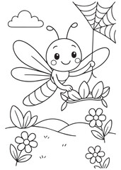 Coloring book dragonfly carries a leaf hammock held by a spiderweb, flying above flowers. 