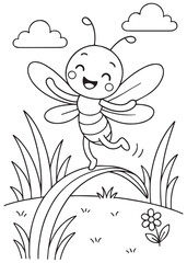 Coloring book dragonfly skipping on a blade of grass with clouds above