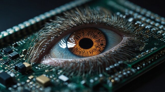 Close Up of a Digital Eye Scan with Neural Network and Circuit Board