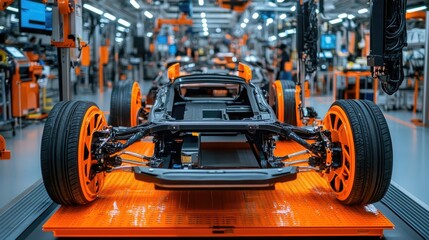 Fototapeta premium Electric vehicle frames positioned on a smart assembly line for component integration