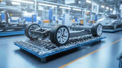 Factory with electric vehicle chassis being assembled on automated production lines