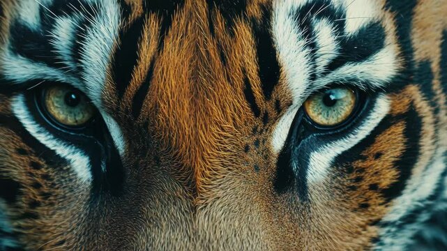 Intense gaze of a tiger showcasing vibrant fur in closeup view at an animal sanctuary, Closeup of tiger's intense gaze showing striking fur pattern and sharp eyes