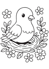 Coloring book  pigeon sits in a nest surrounded by blooming flowers and leaves. 