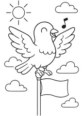 Coloring book pigeon sings joyful notes while perched on a flagpole under the sunny sky.