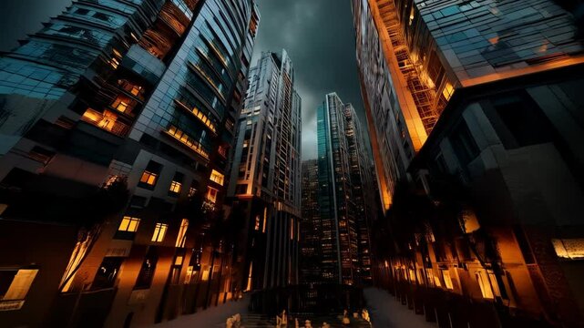 Metropolitan cityscape featuring several highrise office buildings with reflective glass facade under dark ominous clouds at dusk